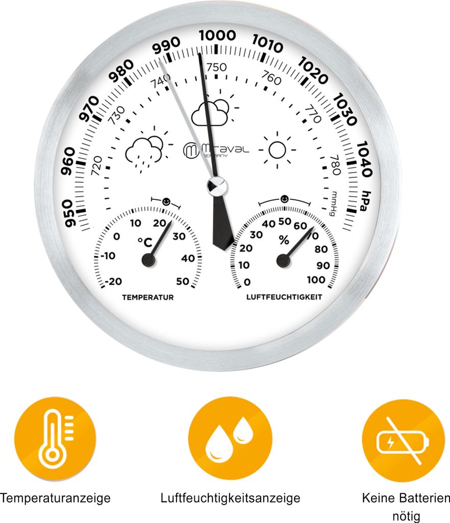 Design Analoge Wetterstation Hygrometer, Barometer, Thermometer 130 mm - 4-MV6865