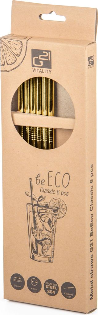 G21 Metallstrohhalme G21 BeEco Classic 6 Stück gold, gerade + Reinigungsbürste G21-6352106