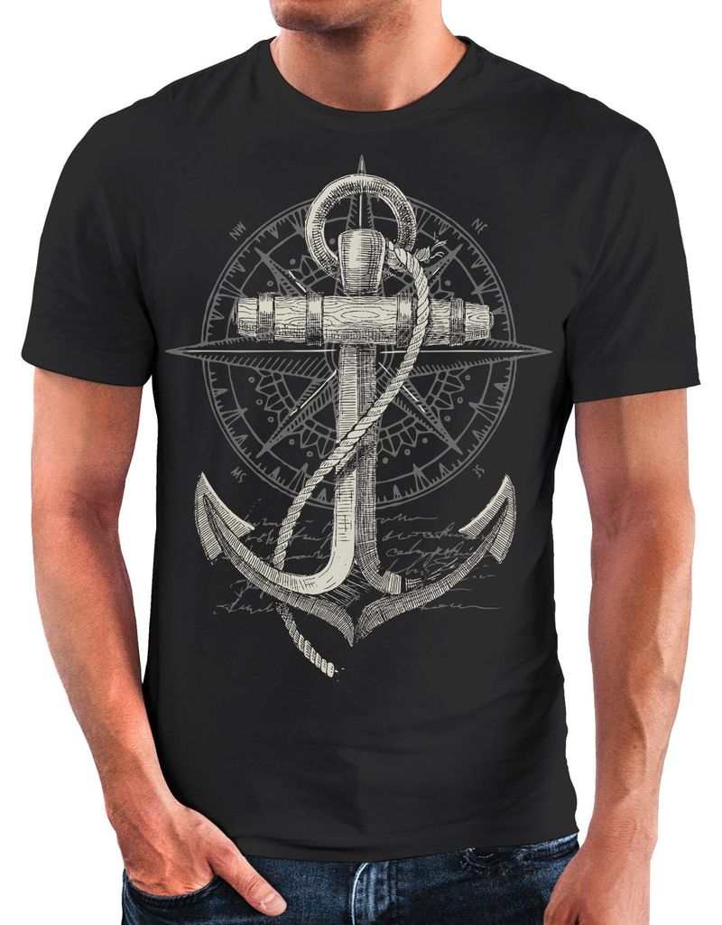 Neverless Herren T-Shirt Print Aufdruck Anker Kompass Motiv Maritim Meer Fashion Streetstyle schwarz 3XL
