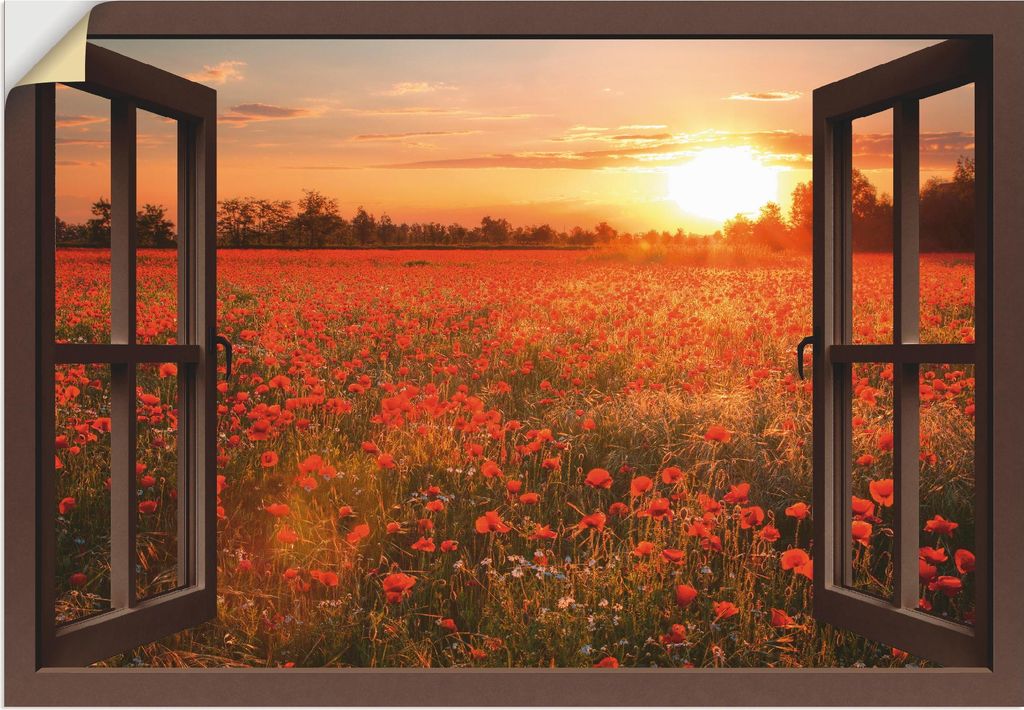 ARTland Wandbild, selbstklebend Fensterblick Mohnblumenfeld - braun Größe: 100x70 cm