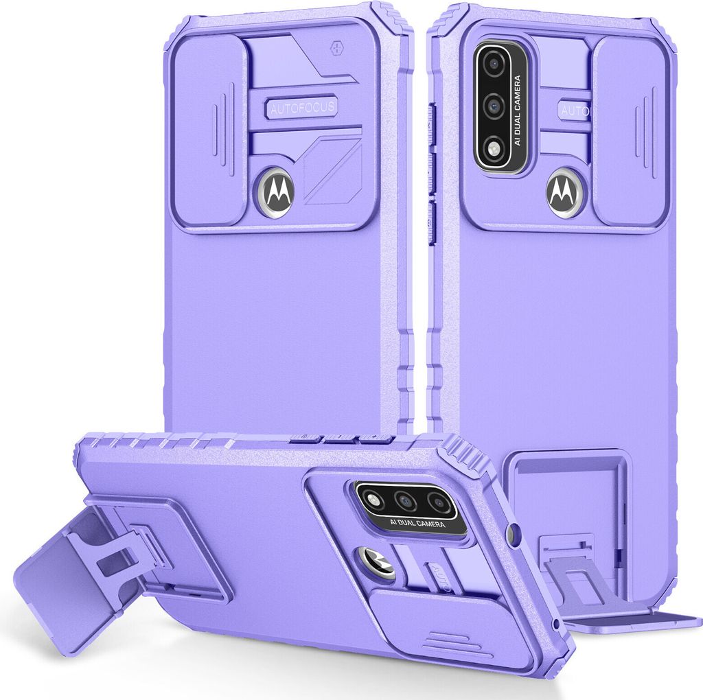 Motorola G Pure Hülle, Dual Layer Ständer Schutzhülle mit Schiebe Kamera Schutz für Motorola G Pure Lila