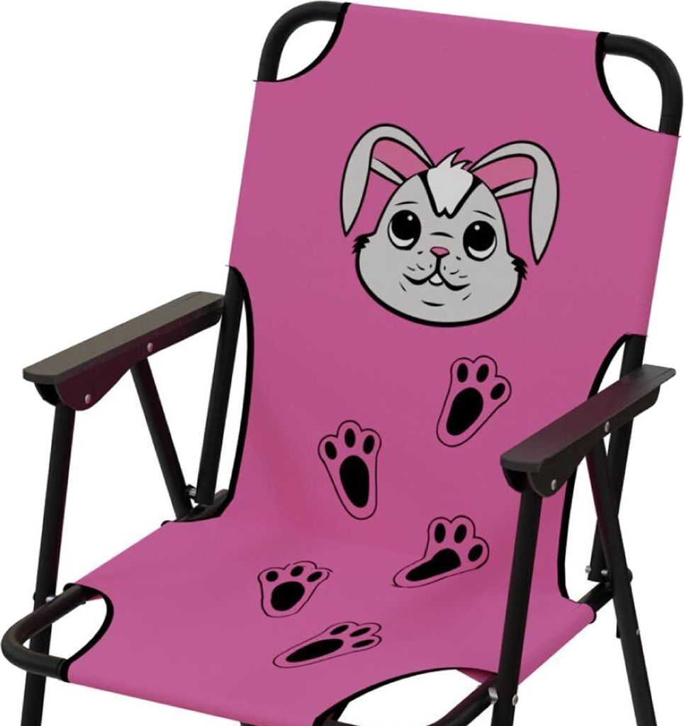 A pink camping chair with a cartoon bunny face and paw prints.