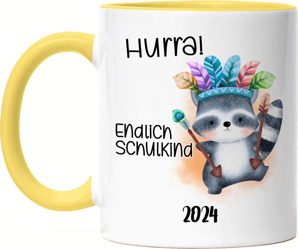 Endlich Schulkind 2024 Waschbär Tasse Gelb Erstklässler Einschulung Tochter Neffe Nichte Schulanfang Schuleinführung