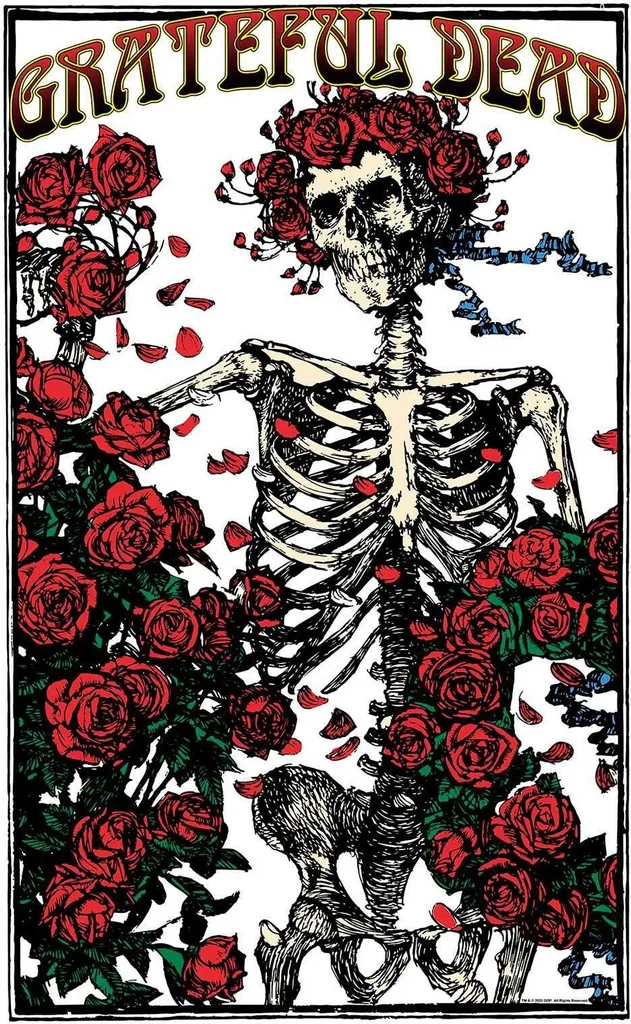 Tenture Murale Grateful Dead en Tissu, Motif Squelette et Roses Rouge