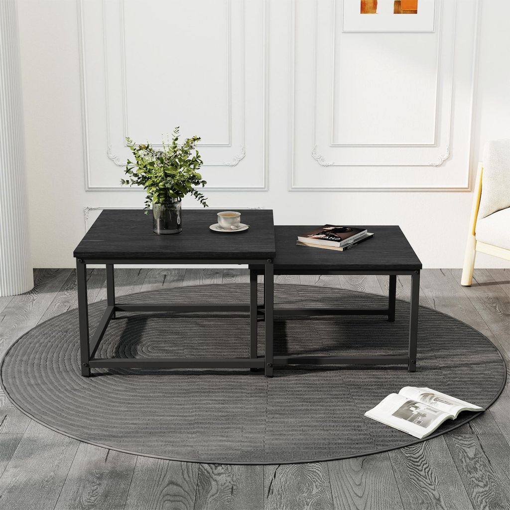 Hawthyhome 2er-Set quadratischer Couchtisch Couchtisch aus Holz mit Metallgestell moderner Beistelltisch für Wohnzimmer und Schlafzimmer, schwarz