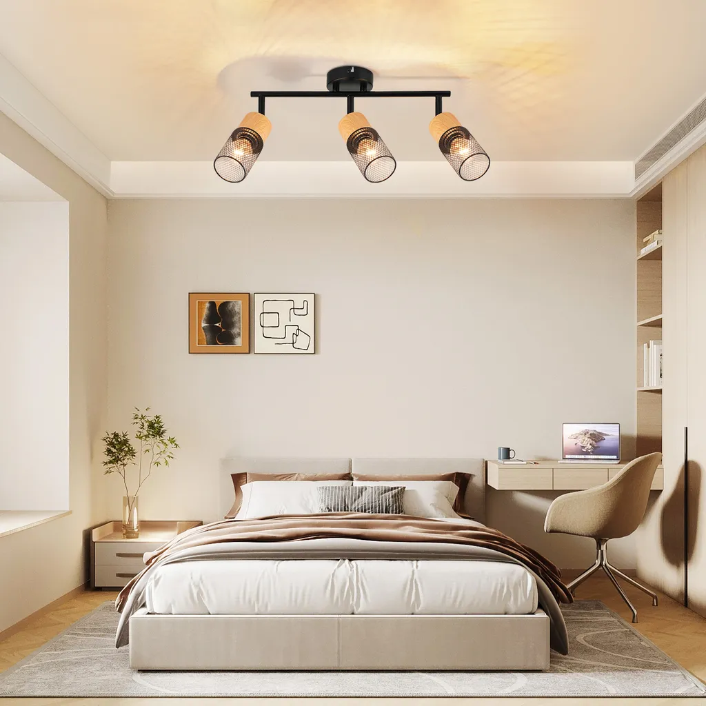 Spot de Plafond en Bois Rétro avec 3 Projecteurs Pivotants pour Salon - 6