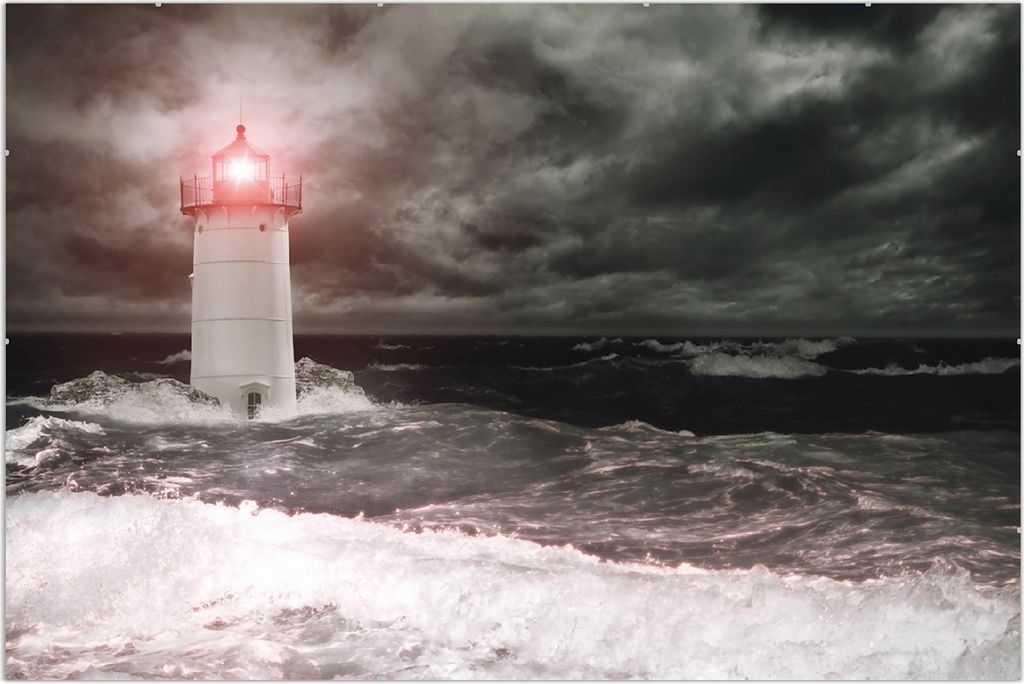 Wallario Wandbild Leuchtturm im Wasser bei stürmischer See, Größe: 61 x 91,5 cm, Poster mit rahmenlosen Bildhalter