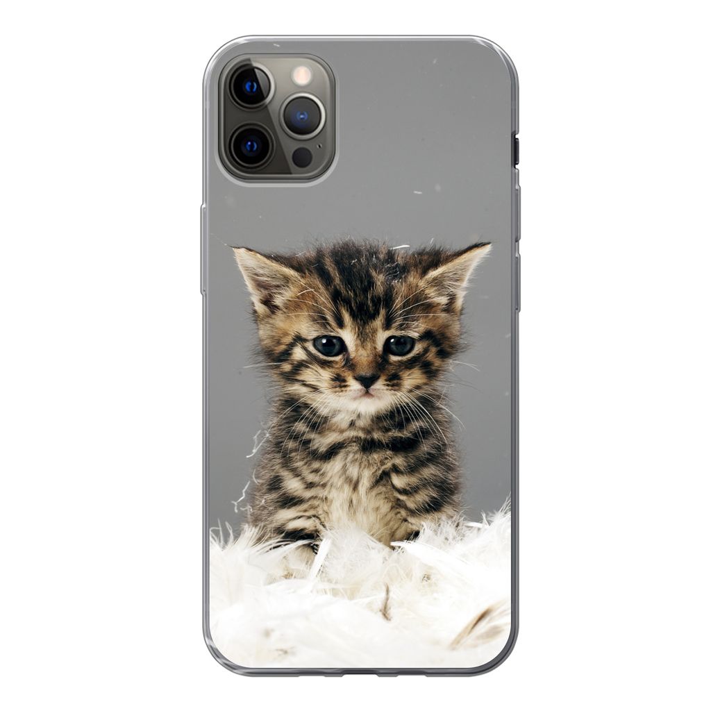 MuchoWow Handyhülle Schutzhülle Hülle für iPhone 12 Pro Max Katze - Kätzchen - Federn Silikon Softcase Handy Hülle - Hartschale