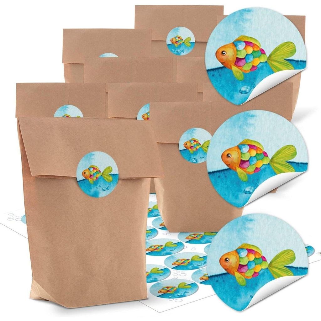10 kleine braune natur Papiertüten blau türkis Regenbogen-Fisch 14 x 22 x 5,6 cm + 24 runde Aufkleber - Verpackung give-away Mitgebsel Kinder-Tü...