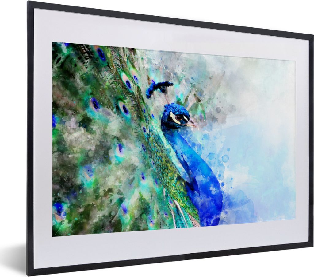 MuchoWow® Gerahmtes Poster Aquarell - Pfau - Blau 40x30 cm Produktbild 