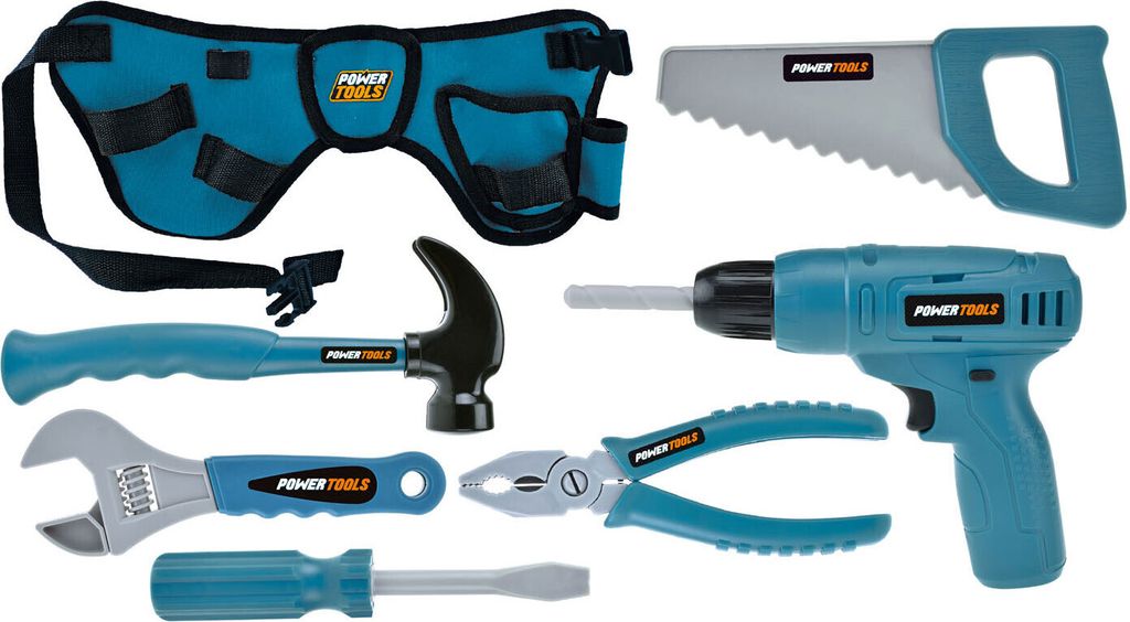 Toi-Toys - Power Tools - Werkzeugset mit Hüfttasche (7-teilig) Bohrmaschine Hammer Kinderwerkzeug