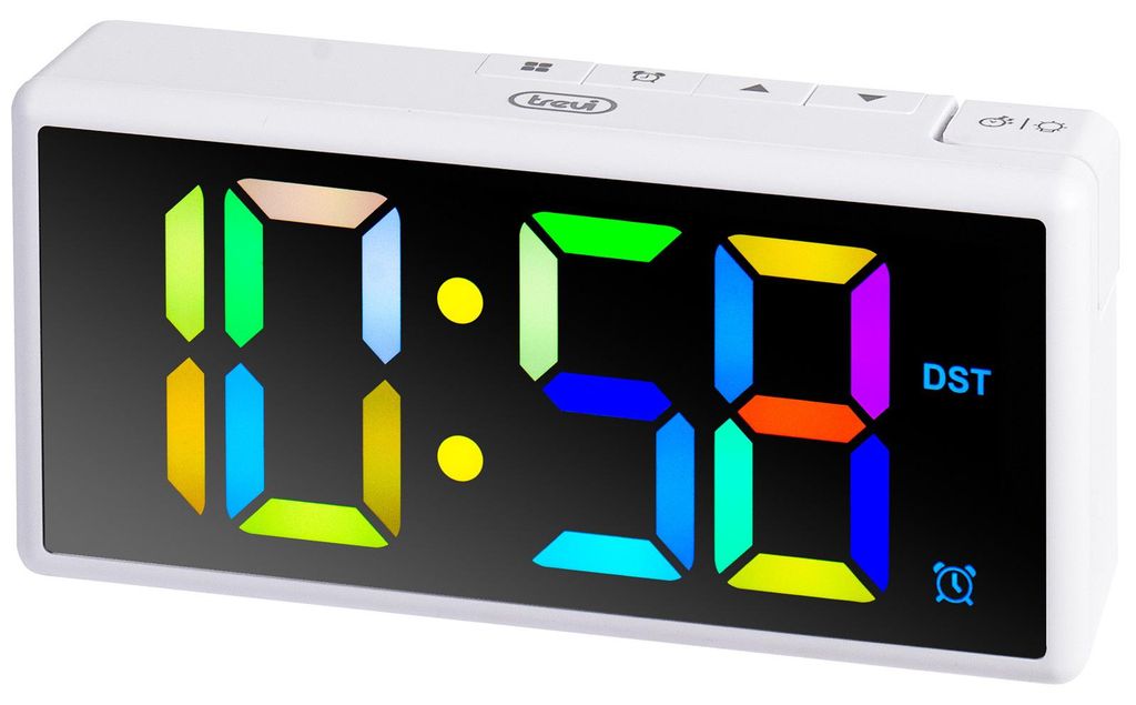 Trevi EC 886 Digitaler Wecker mit mehrfarbigem LED-Display, USB-Anschluss, Schlummerfunktion und Dimmer, weiß