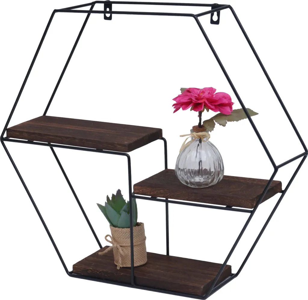 Étagère flottante industrielle à 3 niveaux en bois et métal foncé 49cm