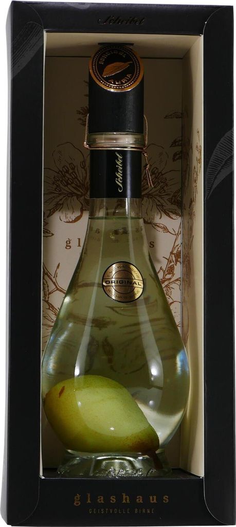 A bottle of liqueur with a pear inside, presented in a gift box.