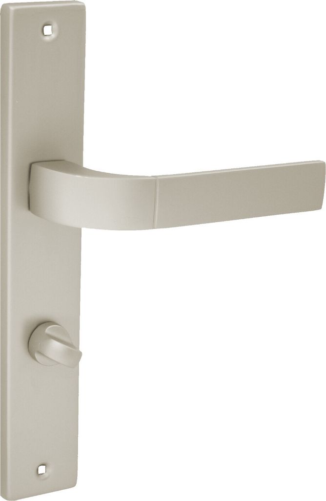 A close-up studio shot of a door handle set on a white background.