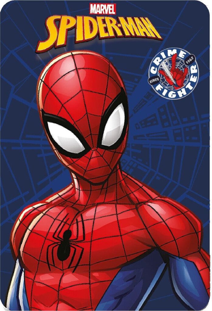 A close-up illustration of Spider-Man's upper body against a blue, web-like background.