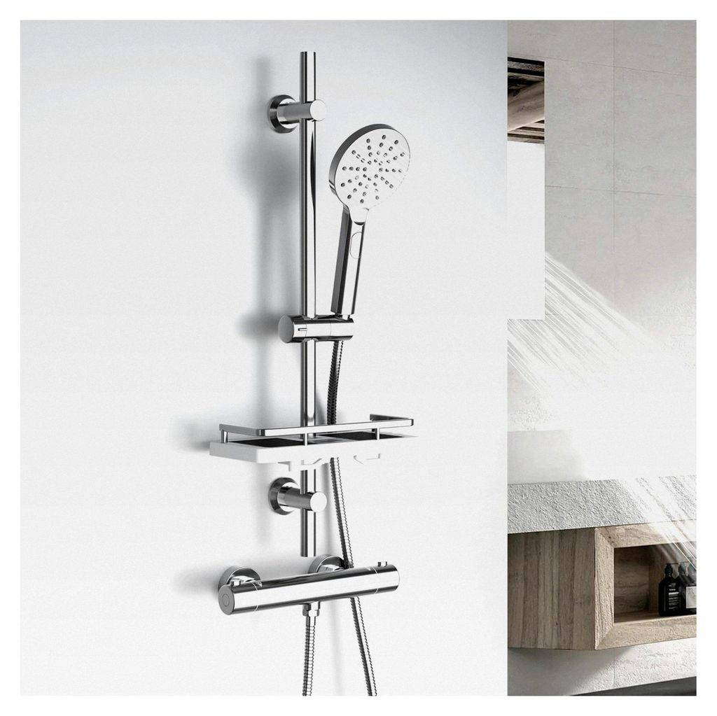 Duschset mit Duschablage und Seifenschale, Edelstahl, wassersparendes Brausestangeset 0,7 m mit Duschkopfhalterung und Schlauch für das Badezimmer...