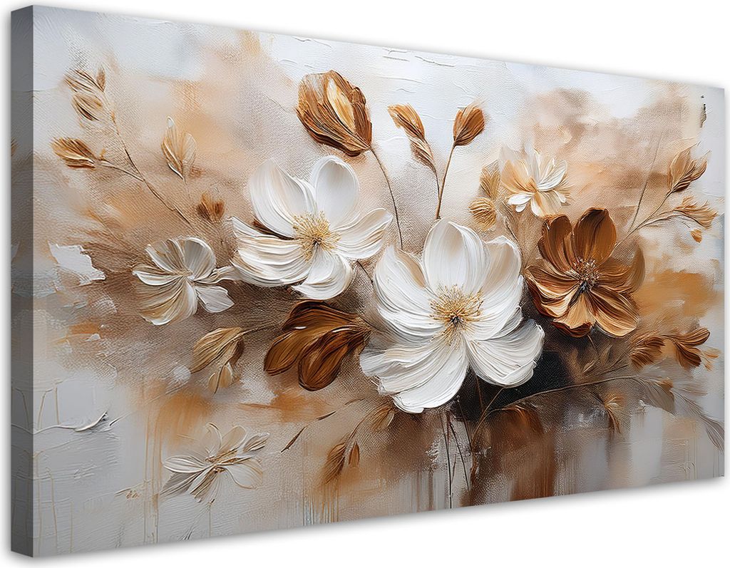 Leinwandbild Weiß Braun Wildblumen Gemalte 80x40 Feeby Beige bild für die wand bereit zum aufhängen