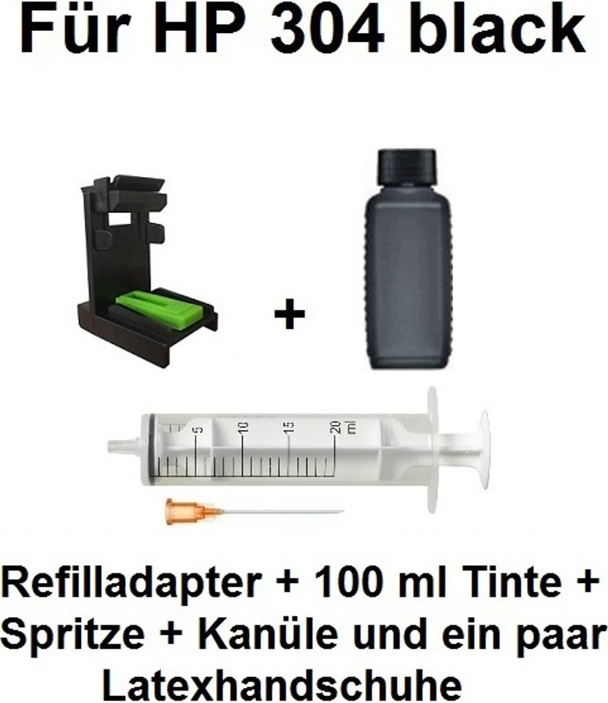 Befülladapter + 100 ml INK-MATE Refill-Tinte black für HP 304 black + 304 black XL - Mit diesem Adapter befüllen Sie Ihre Patrone mit wenigen H...