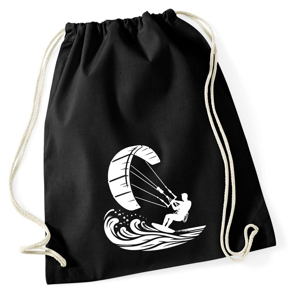Huuraa Turnbeutel Kitesurfen Silhouette 12 Liter Black Baumwolle Rucksack Geschenkidee