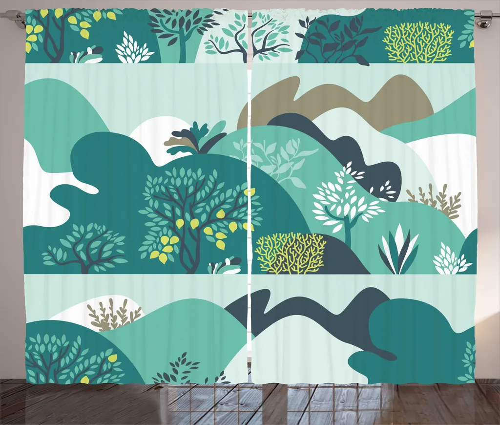 Rideaux de Salon Graphiques Motif Arbres et Fleurs Bleu Sarcelle 280x225