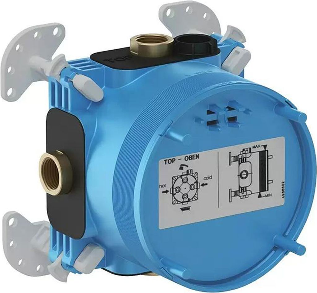 A blue plumbing valve body with brass fittings, mounted on a white bracket.