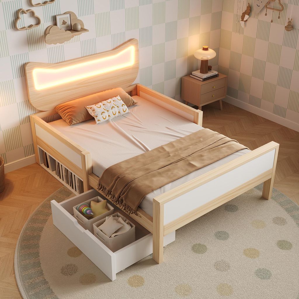 Flieks Kinderbett 90x200cm mit Led und Rausfallschutz, Holzbett Jugendbett Einzelbett mit Schublade und Staufach, Naturbelassen