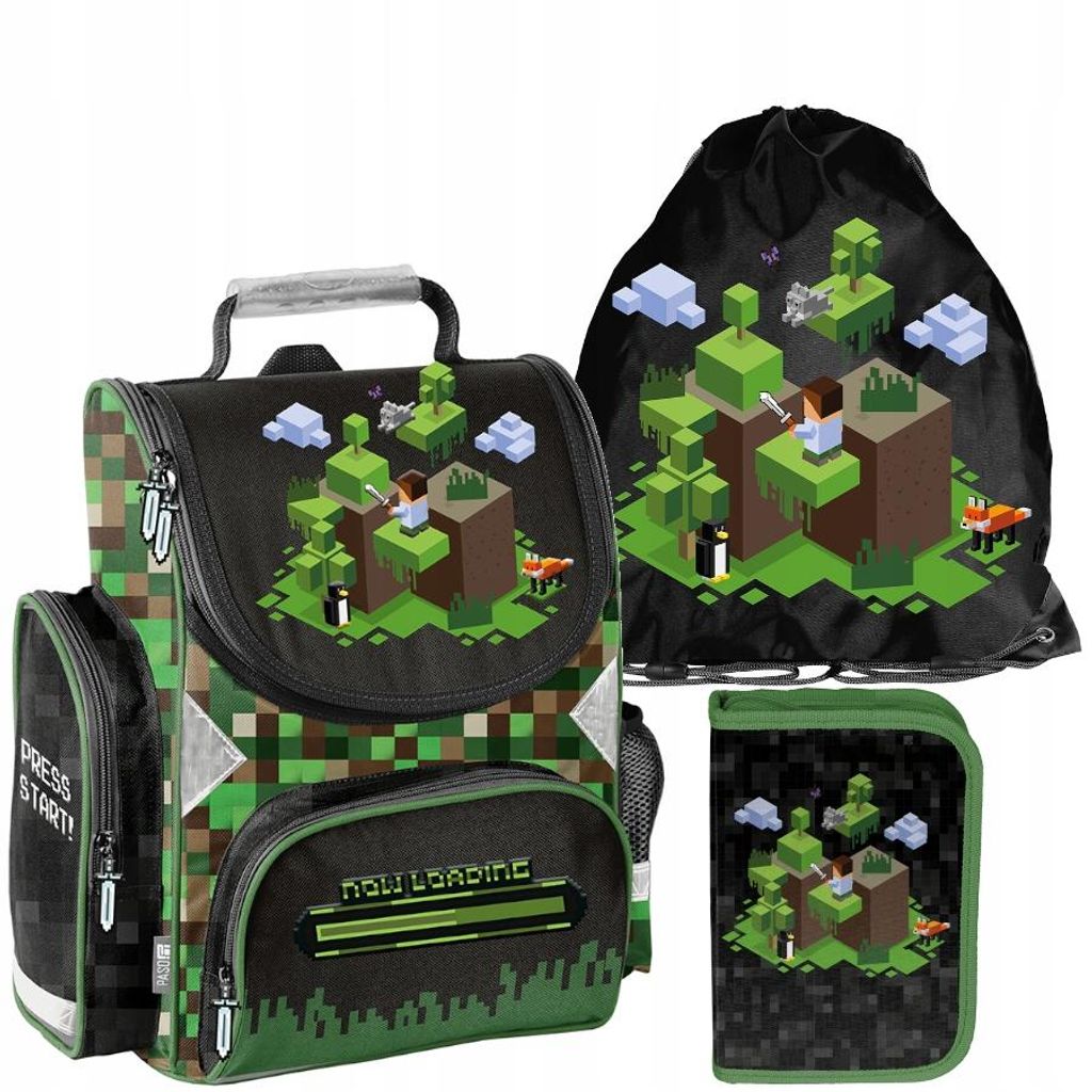 Schulranzen 3-tlg. Set für Mädchen & Jungen PIXELS– Paso Ranzen, Mäppchen, Tasche