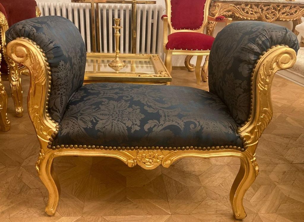 Casa Padrino Barock Schemel Dunkelblau / Grau / Gold - Handgefertigter Antik Stil Hocker - Barockstil Hocker - Wohnzimmer Möbel im Barockstil - Ba...