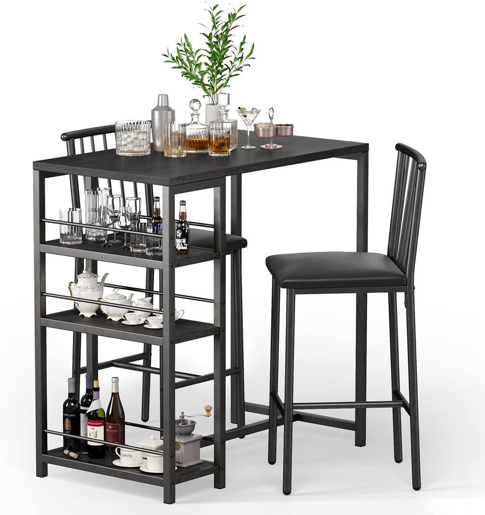 A bar table and two stools set displayed against a white background.