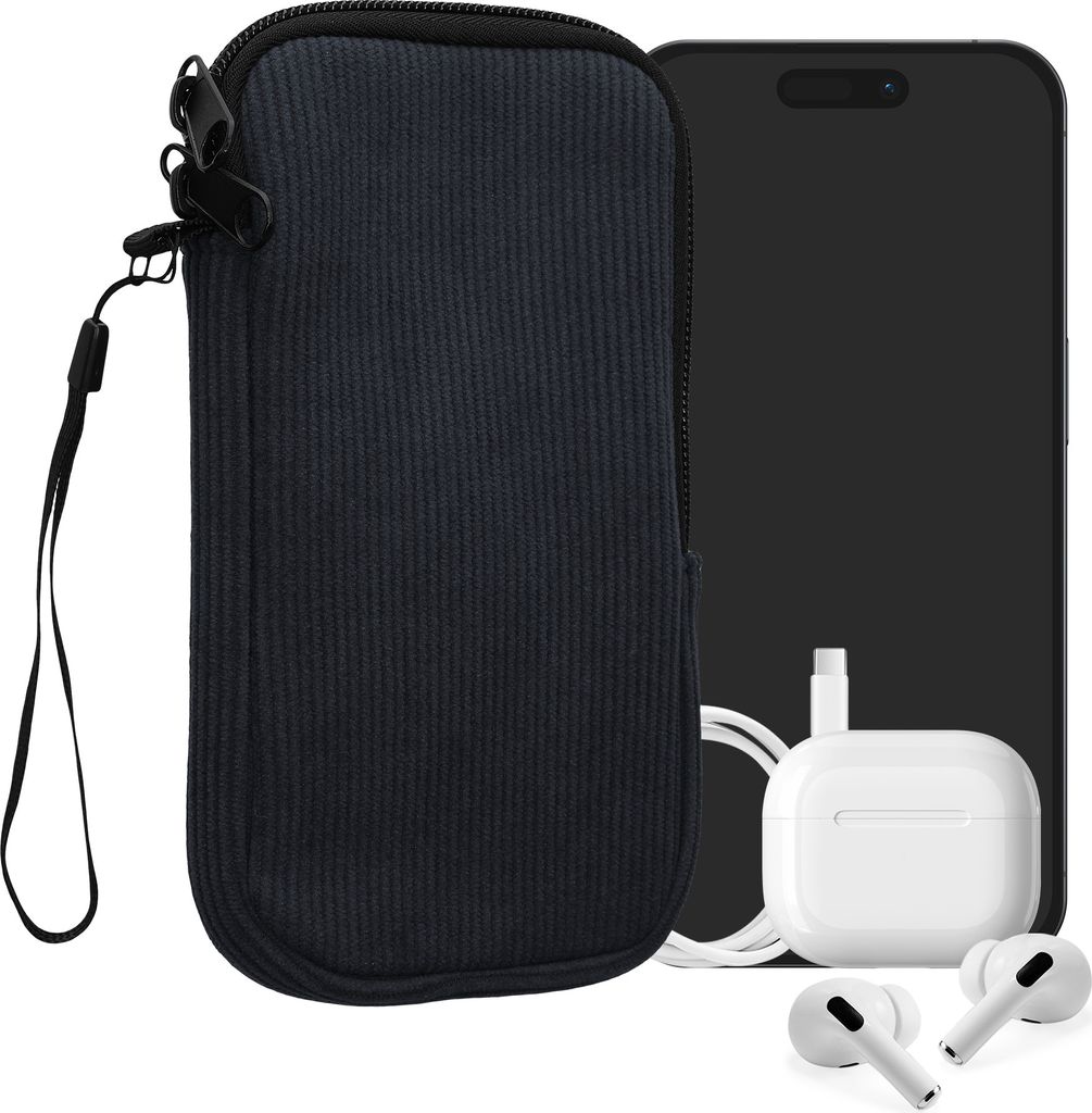 kwmobile Handytasche für XL - 6,7/6,8" Hülle - Cord und Neopren Tasche mit Handschlaufe - Case 17,2 x 8,4 cm Innenmaße - Handyhülle in Marineblau