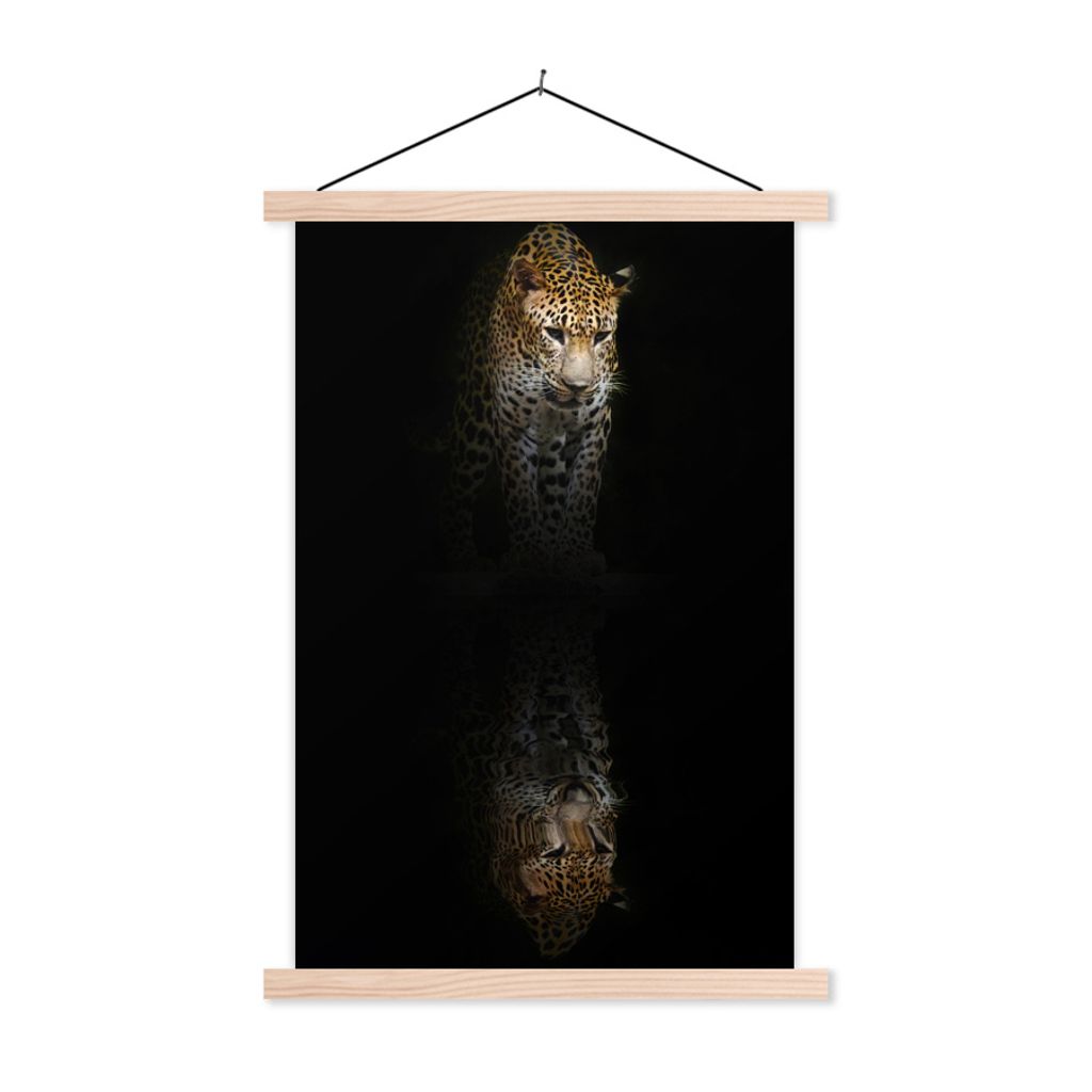 MuchoWow Textilposter Leopard - Reflexion - Schwarz 60x90 cm mit holzfarbenen Rahmen - Textil
