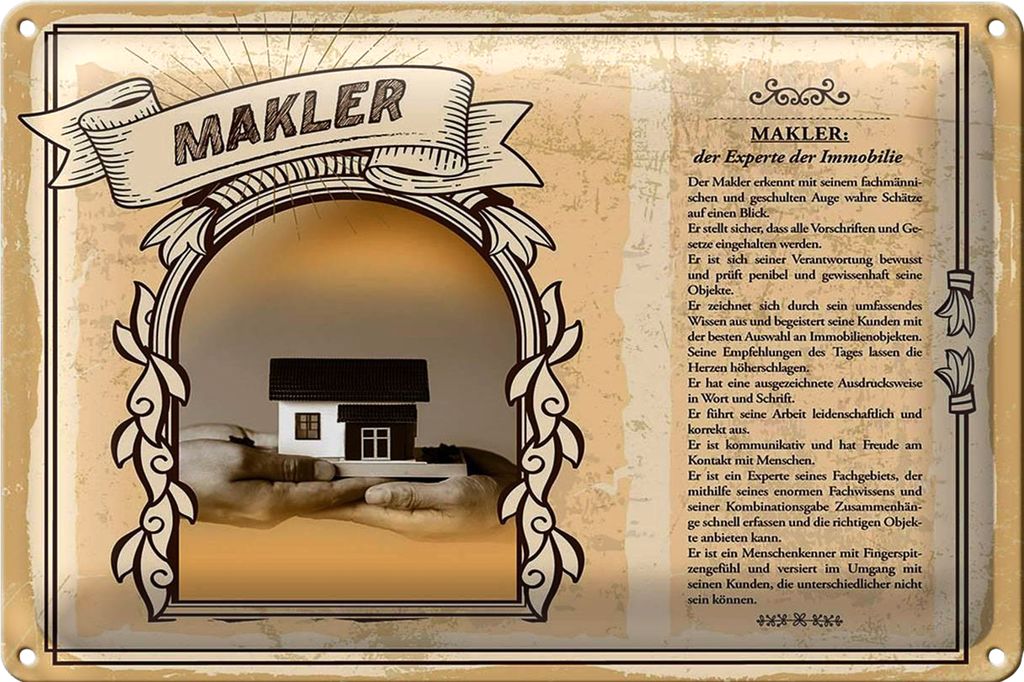 Blechschild Berufe 40x30cm Makler Experte für Immobilie