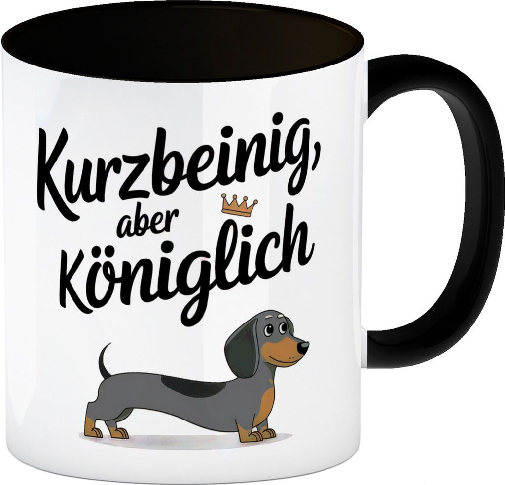 Dackel mit Krone - Kurzbeinig aber königlich Kaffeebecher in schwarz