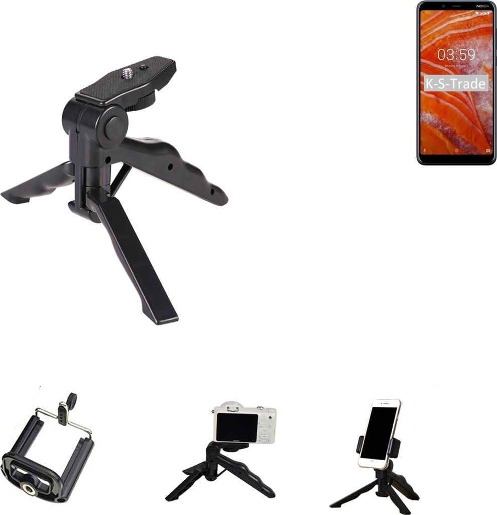 K-S-Trade Stativ Tisch-Ständer Dreibein Handy-Stativ Ständer kompatibel mit Nokia 3.1 Plus Mini-Stativ Smartphone Tripod Handy-Stativ aus Plastik