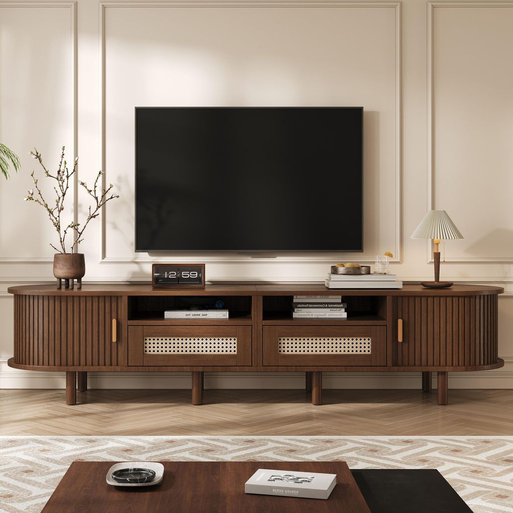 okwish Ovaler TV-Schrank TV-Ständer mit Schubladen und Innenfächer,Fernsehtisch mit Schiebetür-Design,Lowboard für Fernseher um 70 Zoll,Nussbaum