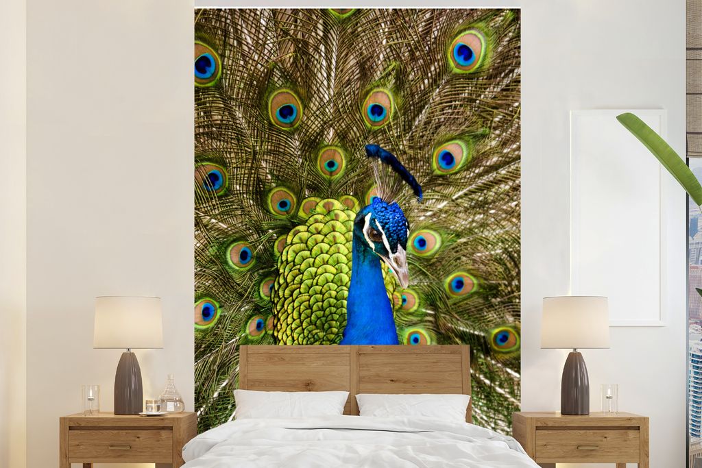 MuchoWow Fototapete für Wohnzimmer oder Schlafzimmer Wandtapete Vinyl Motivtapete Pfau - Federn - Schnabel - 170x260 cm - Wohnzimmertapete