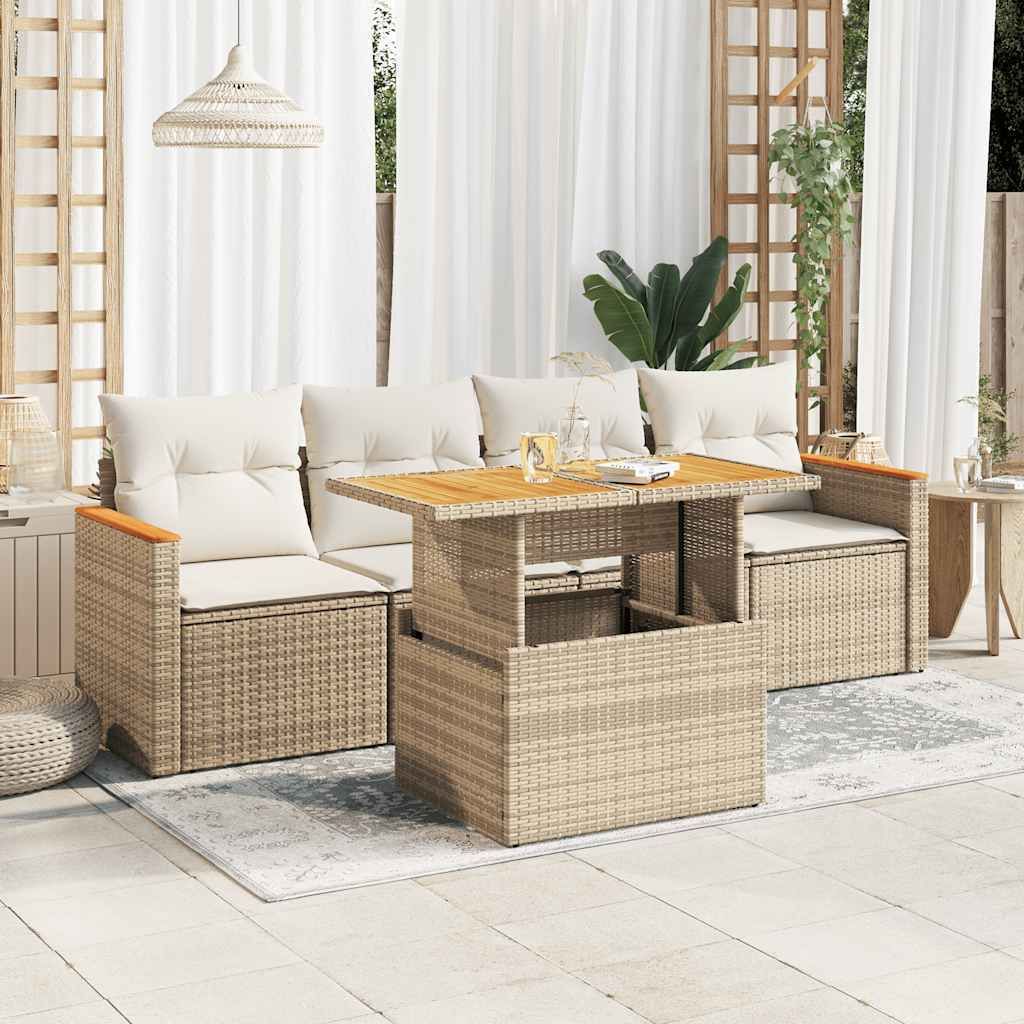 "Rabatt" 5-tlg. Garten-Sofagarnitur - mit sofa - mit Kissen Beige Poly Rattan Akazie - Lounge-Dining set CC12123