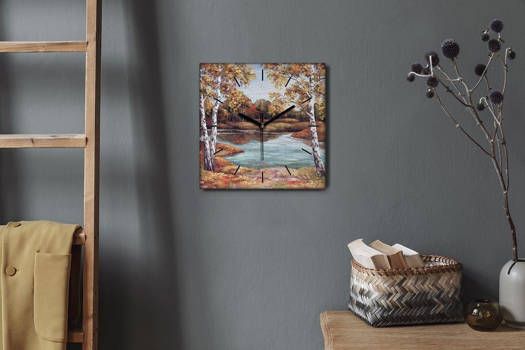 Coloray Hodiny Unikátní 30x30 cm Tiché hodiny Pro obývací pokoj a kuchyň Nástěnné hodiny Plátno Černé ručičky hodin - Krajina Forest...