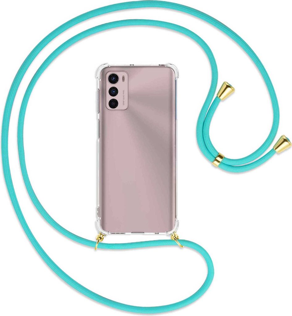 Handykette Backcover-Schutzhülle mit Band (Metall goldfarben) für Motorola Moto G42 (6.4'') - türkis