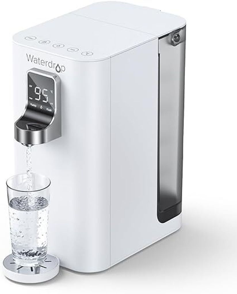 A white Waterdrop countertop water dispenser with a built-in digital display is shown, dispensing water into a glass.