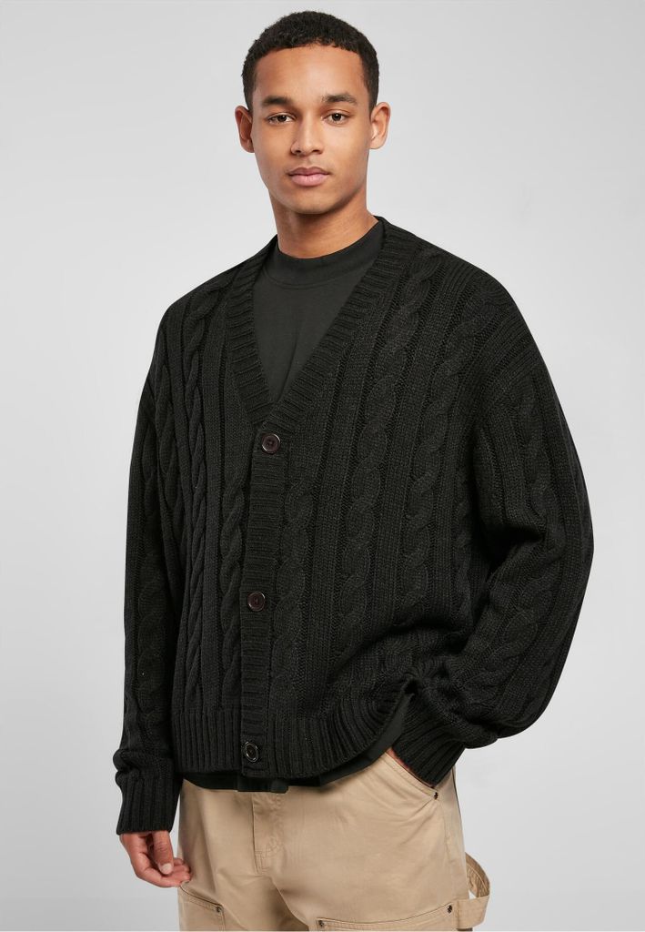 Urban Classics Herren Cardigan Boxy Fit Schwarz XL mit Zopfmuster und tiefem V-Ausschnitt