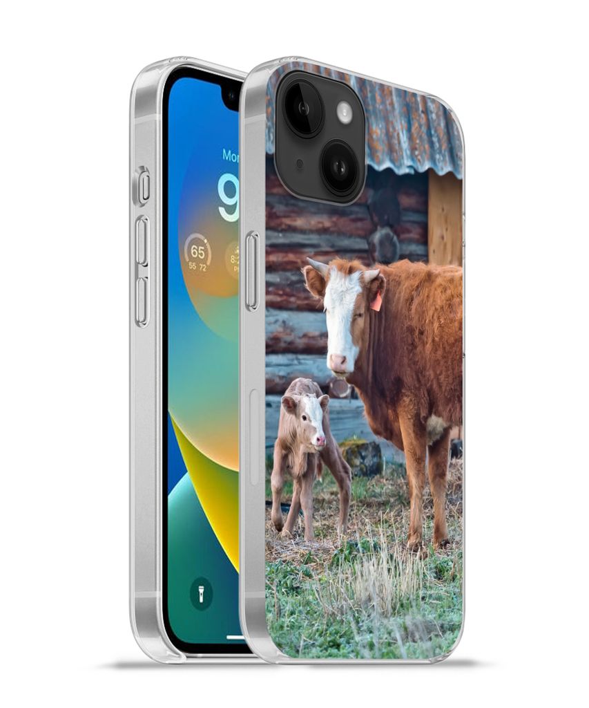 MuchoWow Handyhülle Schutzhülle Hülle für Apple iPhone 14 Plus - Soft case Kuh - Stall - Gras - Kalb Silikon Softcase Handy Hülle - Abbildung