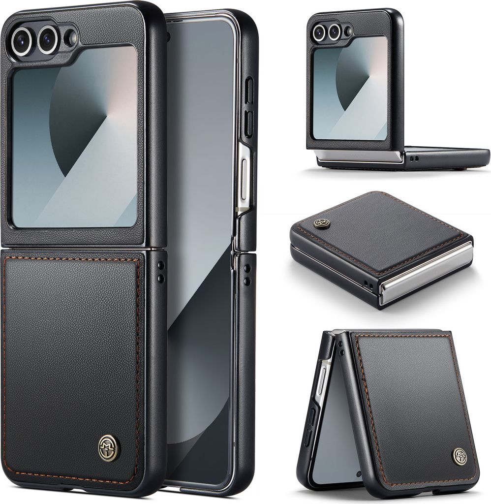 Lederhülle für Samsung Galaxy Z Flip 6 / Z Flip 7 FE Ultra Dünn Hybrid PolyurethanHart PC Stoßfeste Schutzhülle Schwarz