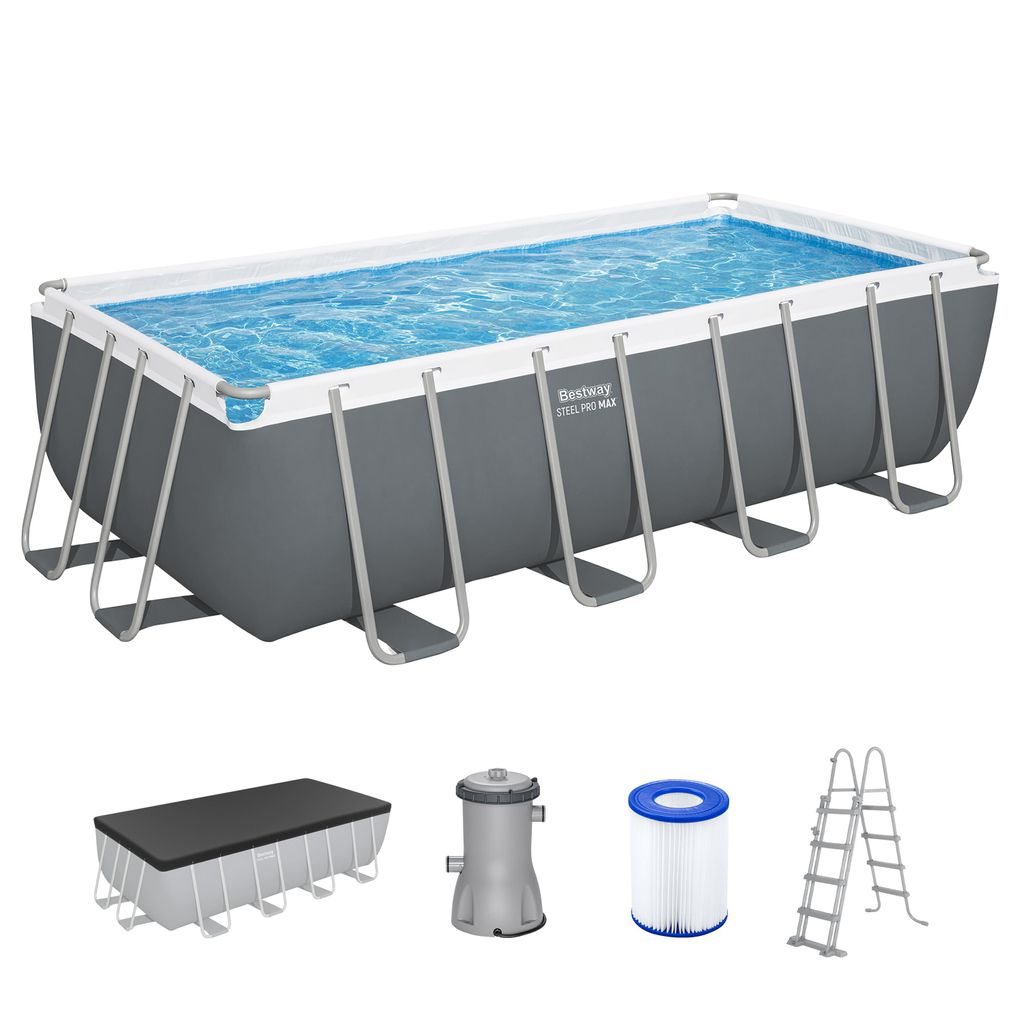 Bestway Steel Pro MAX Frame Pool Komplett-Set mit Filterpumpe 488 x 244 x 122 cm, grau, eckig