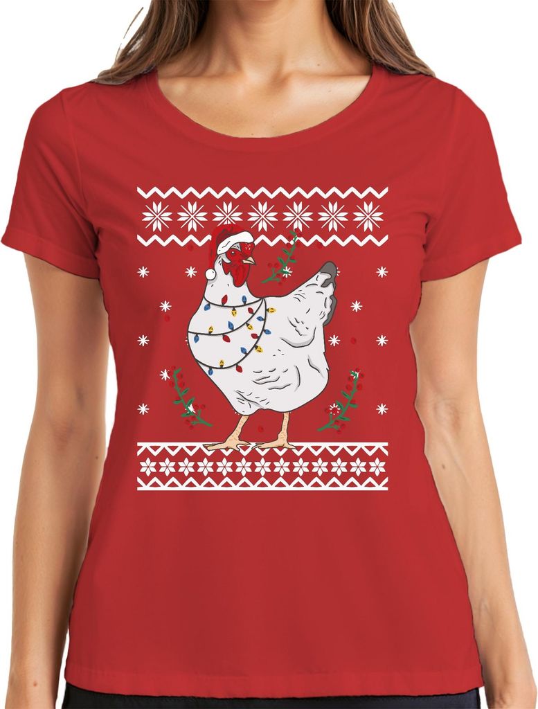 Huhn Weihnachtsmütze Hühnerfreunde - Ugly Christmas Sweater Weihnachten Damen T-Shirt, Rot, XXL