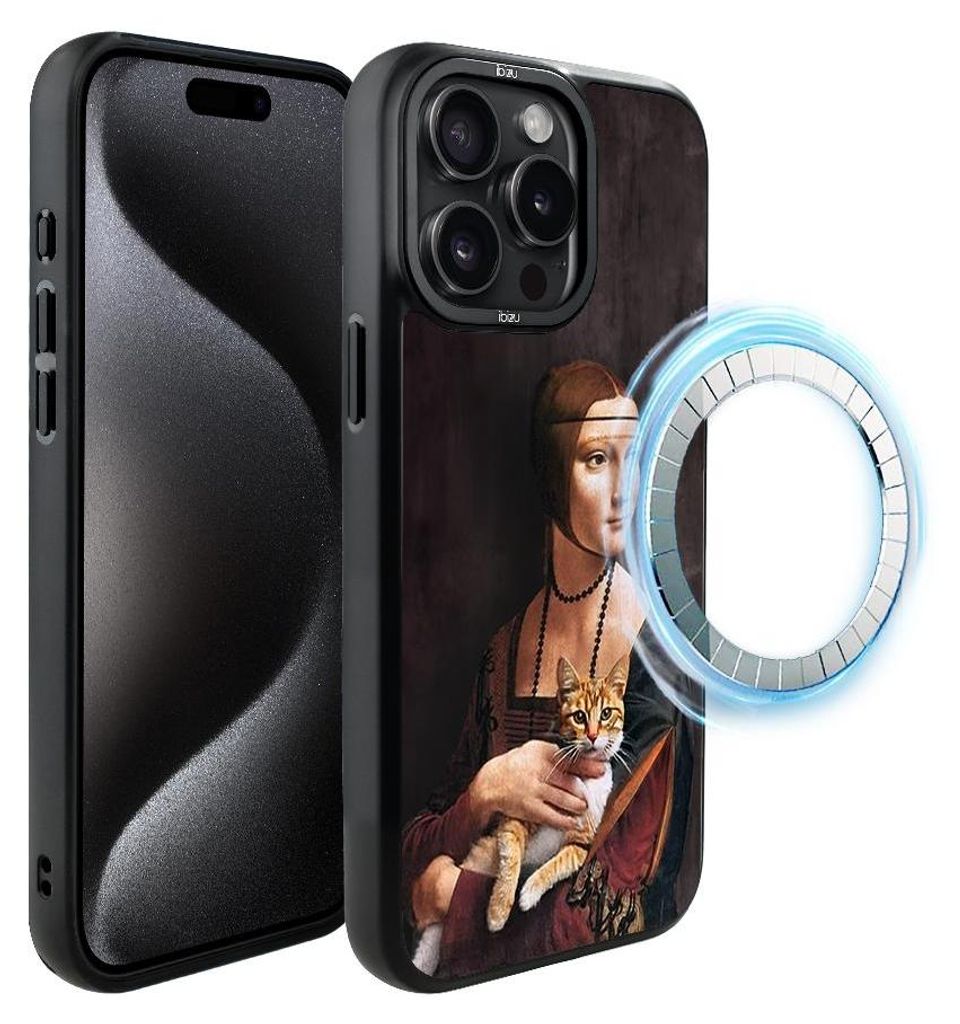Schutzhülle für das iPhone 15 Pro Max, MagSafe-kompatibel, mattschwarze Seiten, Katze, Motiv aus einem Gemälde von Leonardo da Vinci
