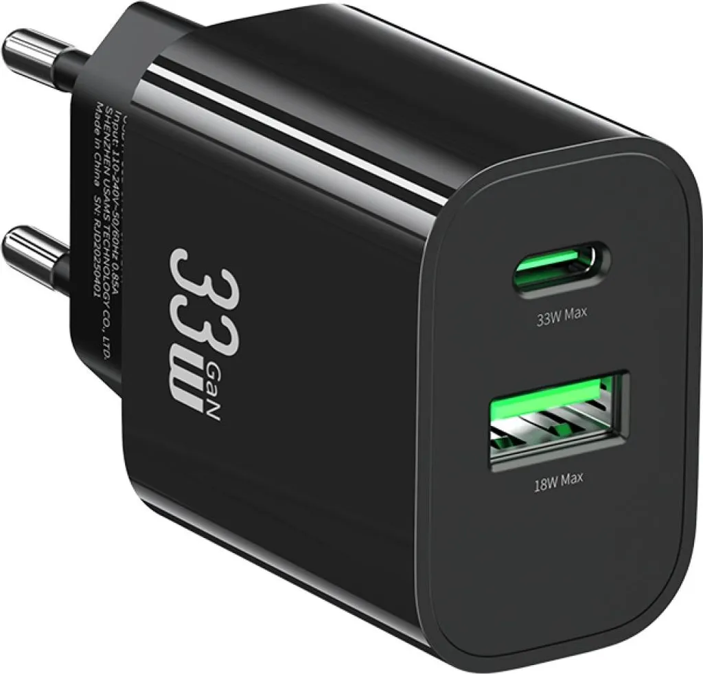 Caricabatterie Usams CC317 T65 33W: Ricarica Rapida USB-C e USB-A Nero - 3