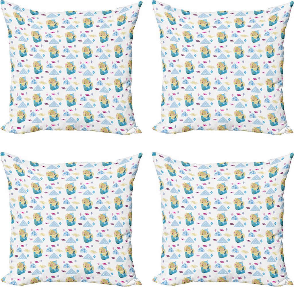 ABAKUHAUS japanische Katze Kissenbezug Set (4 Stück), Wolken Maneki Neko, Moderner Doppelseitiger Digitaldruck, 50 cm x 50 cm, Pale Camel Himmelblau