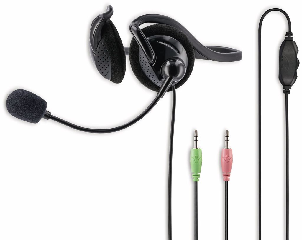 A black Hama PC headset with a microphone and two 3.5mm jack connectors is displayed against a white background.